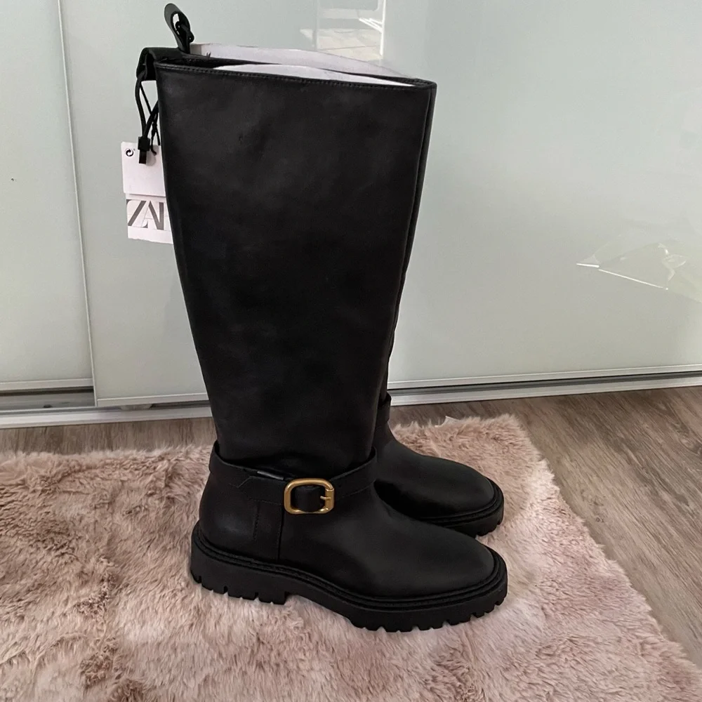 ZARA LEATHER BOOTS WITH BUCKLE US 6.5 - Picture 7 of 15